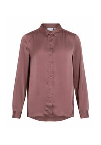 Camicia a maniche lunghe in satin malva, con colletto classico, pattina frontale con bottoni coordinati e orlo leggermente curvato.