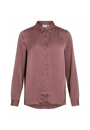 Camicia a maniche lunghe in satin malva, con colletto classico, pattina frontale con bottoni coordinati e orlo leggermente curvato.