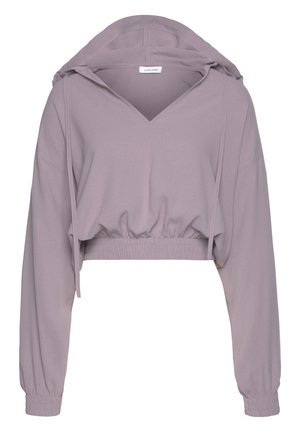 Lila cropped hoodie met lange mouwen, elastische tailleband en manchetten, V-hals en verstelbare capuchonkoorden.