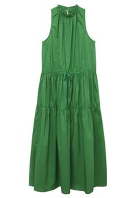 Zielona bezrękawnikowa sukienka uszyta z gładkiego materiału, z marszczonym dekoltem i elastyczną talią, z warstwową, zwiewną spódnicą.
