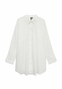 Hvit langermet skjorte laget av lett stoff, med klassisk krage, knappestenging og en enkelt brystlomme. Jevn tekstur.