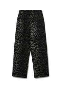 Melnie un pelēki leopardu raksta bikses ar elastīgu jostasvietu, platām kājām un mīkstu, teksturētu audumu.
