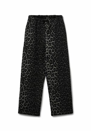 Svarta och grå leopardmönstrade byxor med elastisk midja, vid ben-design och mjukt, texturerat tyg.