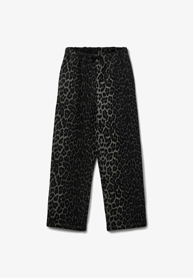 Black and gray leopard print trousers with an elastic waistband, wide-leg design, and soft, textured fabric.