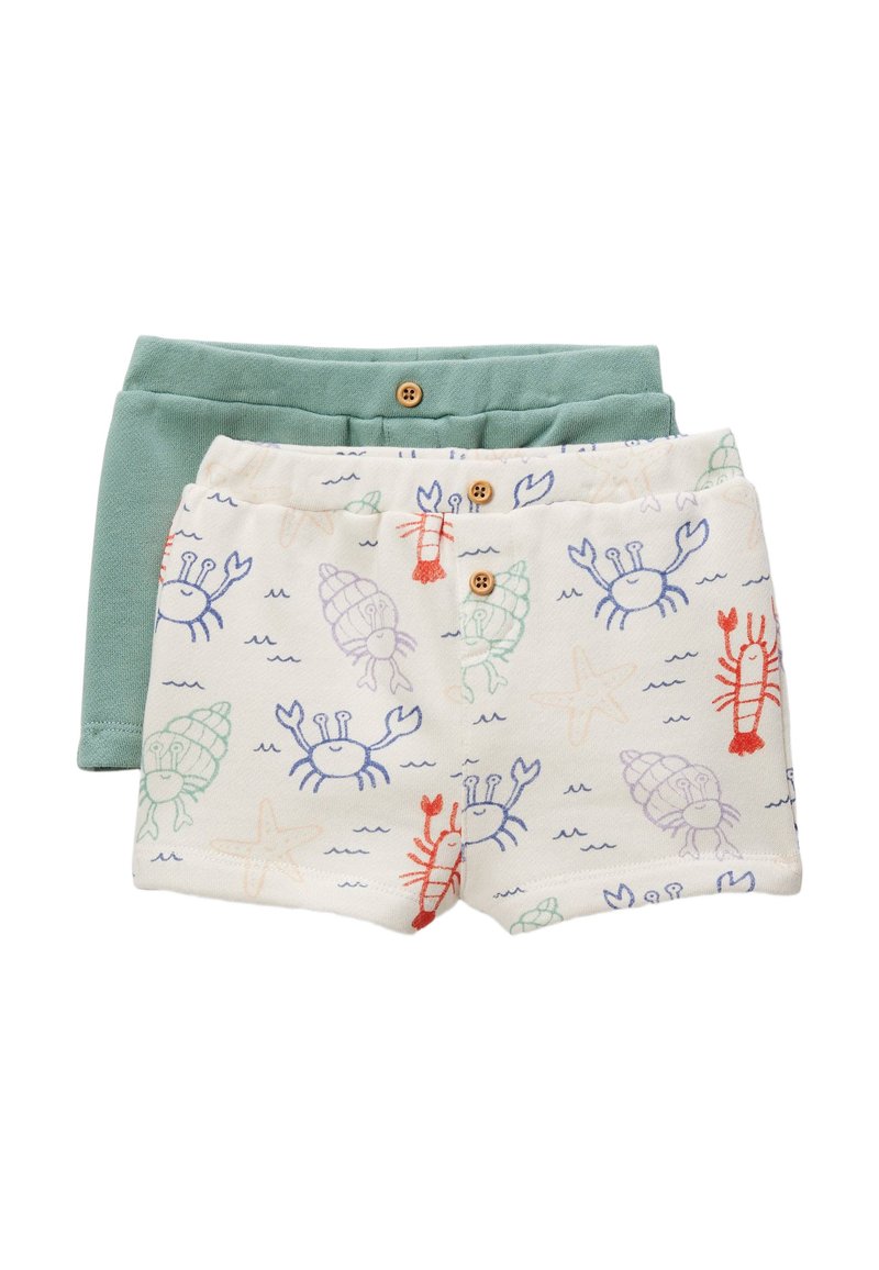 Deux paires de shorts : un vert uni et l'autre crème avec des motifs colorés de crabes et de homards. Les deux ont une texture douce et des boutons.