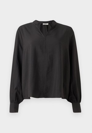 Zwarte blouse met lange mouwen, een kraaghals, een ontspannen pasvorm en elastische manchetten. Gemaakt van lichtgewichtig materiaal met een soepele textuur.
