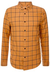 Camicia a quadri arancione con colletto button-down, maniche lunghe, motivo a rete nera e bottoni neri lungo la patta anteriore.