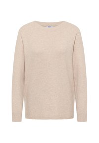 Beżowy sweter z okrągłym dekoltem, długimi rękawami, prążkowanym dołem i miękką teksturą. Prosty wzór bez wzorów ani dodatkowych detali.