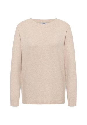 Beige trui met ronde hals en lange mouwen, geribbelde zoom en zachte textuur. Eenvoudig ontwerp zonder patronen of extra details.