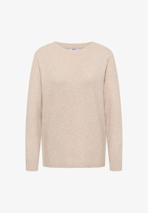 Beiger Pullover mit Rundhalsausschnitt, langen Ärmeln, geripptem Saum und weicher Textur. Einfaches Design ohne Muster oder zusätzliche Details.