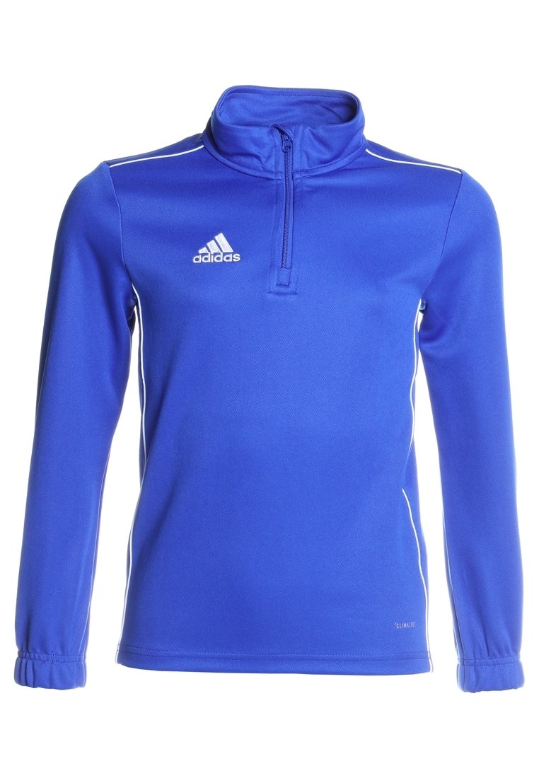 Blauer sportlicher Pullover mit einem Reißverschluss-Kragen, langen Ärmeln, weißen Akzenten an den Seiten und einem adidas-Logo auf der oberen linken Brust.