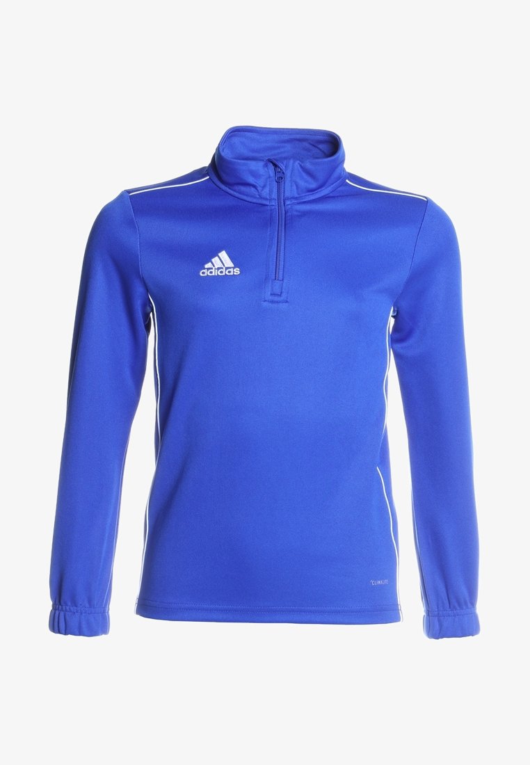 Blauer sportlicher Pullover mit einem Reißverschluss-Kragen, langen Ärmeln, weißen Akzenten an den Seiten und einem adidas-Logo auf der oberen linken Brust.