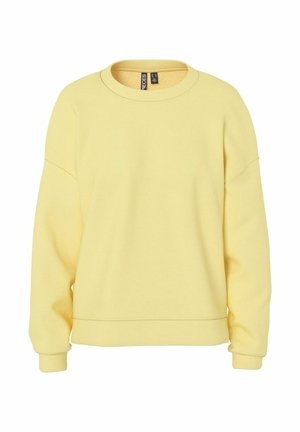Yellow sweatshirt made of soft fabric, featuring a round neckline, dropped shoulders, and ribbed cuffs. Simple design without notable patterns.