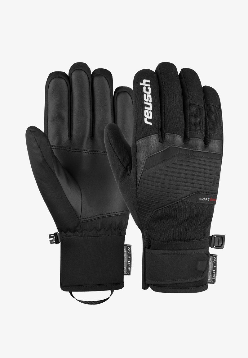 Black ski gloves with a textured grip, elastic wrist cuff, and reinforced padding. Features a logo and adjustable strap for fit.