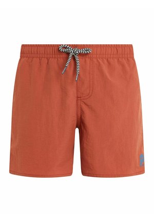 Des maillots de bain de couleur rouille dotés d'une taille élastique avec un cordon noir et blanc, un logo monochrome en bas à droite et une texture lisse.