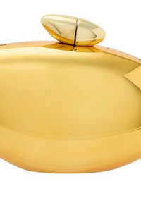 Arany fém clutch táska sima, kerekded formával. Jellemzője egy különleges ovális zár a tetején és egy fényes felület.