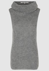 Ljusgrå ärmlös topp med draperad halsringning, tillverkad av mjukt stickat tyg. Har en enkel, modern silhuett utan dekorationer.