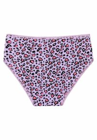 Paarse katoenen slip met een zwart luipaardprint patroon en roze harten. Afgewerkt met een delicate geschulpte kantafwerking.