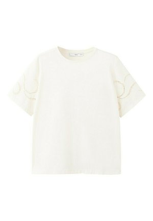 White short-sleeve cotton T-shirt with round neck and delicate eyelet swirl pattern on sleeves.