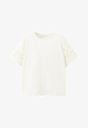 White short-sleeve cotton T-shirt with round neck and delicate eyelet swirl pattern on sleeves.