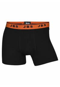 Černé boxerky s hladkou texturou, s oranžovým elastickým pasem potištěným nápisem "JBS" černým písmem.