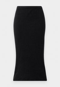 Jupe crayon noire taille haute en tissu lisse, présentant une silhouette ajustée et un ourlet net et épuré sans embellissements.