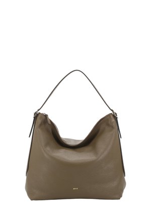 Large, soft brown leather handbag with a slouchy shape, a curved strap, and a zip closure; features subtle logo detail on the front.