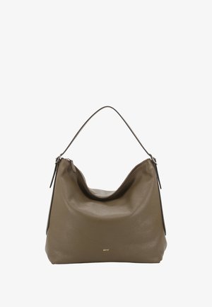 Large, soft brown leather handbag with a slouchy shape, a curved strap, and a zip closure; features subtle logo detail on the front.