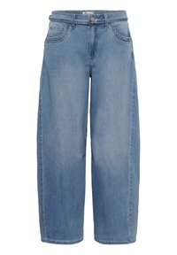 Lyseblå vidde jeans lavet af denim, med høj talje, forlommer og subtile syninger langs lommerne.