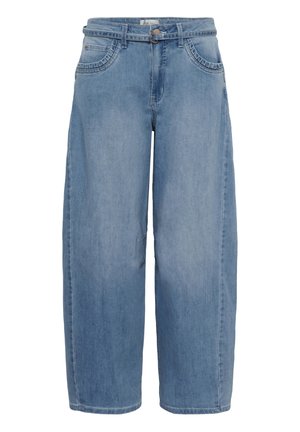 Jeans larges bleu clair en denim, avec une taille haute, des poches avant, et un détail de couture subtile le long des poches.