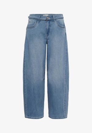 Jeans de pierna ancha azul claro hechos de mezclilla, con cintura alta, bolsillos delanteros y un detalle sutil de costura a lo largo de los bolsillos.