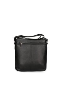 Borsa a tracolla nera in pelle con superficie texture, tasca frontale con zip e tracolla regolabile. Design compatto con accenti minimalisti.