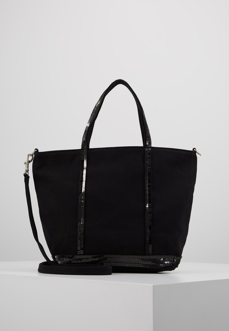 Geantă tote neagră din material textil, cu accente de paiete, având două mânere superioare și o curea de umăr detașabilă. Design cu deschidere în partea de sus.