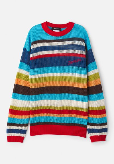 Pull en tricot multicolore avec des rayures horizontales bleues, rouges, vertes et brunes. Encolure et poignets côtelés rouges. Tissage léger et aéré.