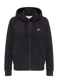 Sweat à capuche zippé noir avec poches devant, cordon de serrage à la capuche, poignets et bas côtelés, et petit logo blanc Lee sur la poitrine.