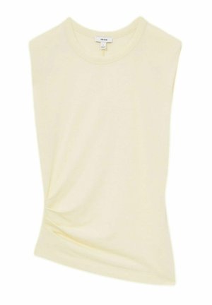 Débardeur jaune clair sans manches avec un col rond, texture drapée d'un côté et un design élégant et ajusté. Fabriqué en matière douce.