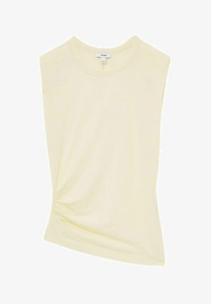 Hellgelbes ärmelloses Oberteil mit rundem Ausschnitt, mit drapiertem Design auf einer Seite und eleganter, taillierter Passform. Hergestellt aus weichem Material.
