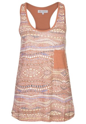 Ärmelloses Tanktop mit Racerback, hellbraune Basis mit filigranen geometrischen Mustern in Creme, Blau und Schwarz sowie einer kleinen Fronttasche.