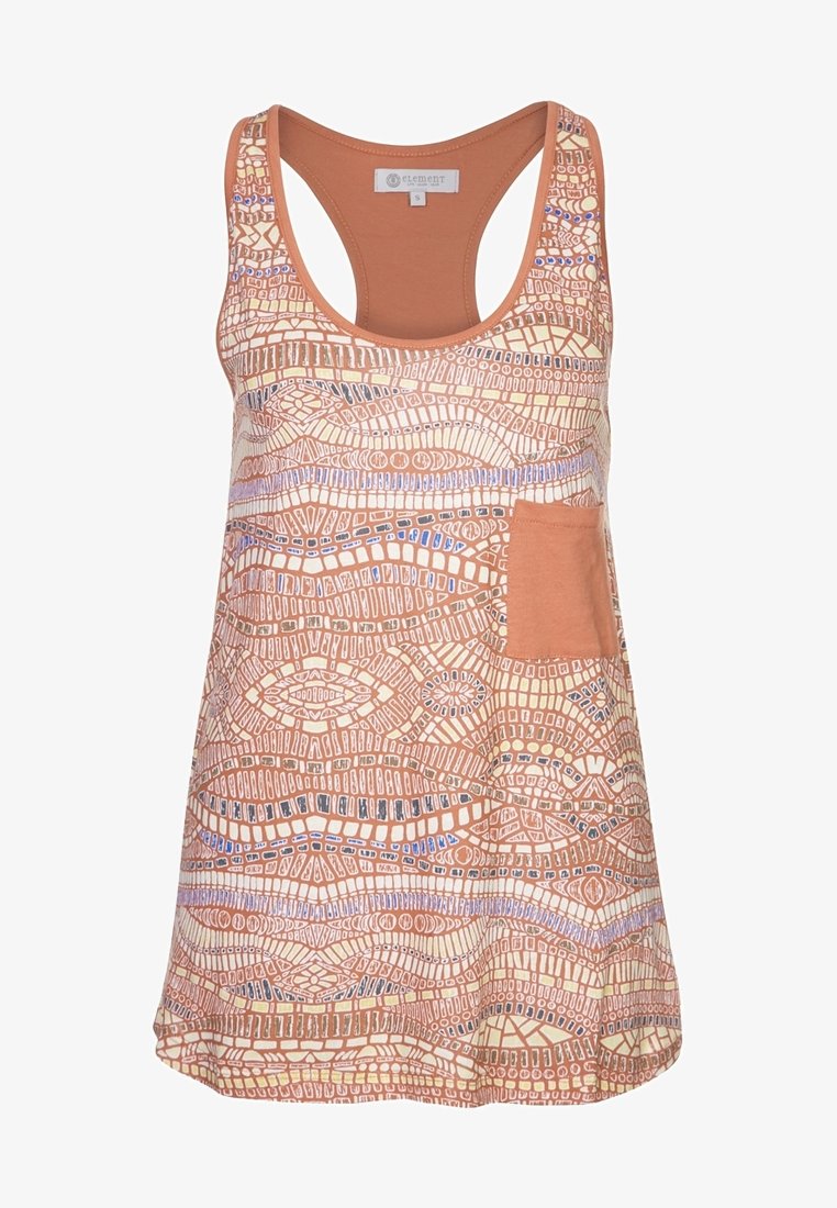 Débardeur sans manches à dos nageur, base marron clair avec des motifs géométriques complexes en crème, bleu et noir, et une petite poche avant.