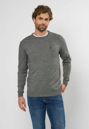 Gray knitted sweater with long sleeves, round neckline, and ribbed cuffs. Features a small logo in navy blue on the chest.