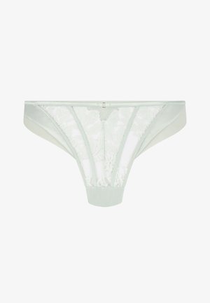 Weiße Spitzen- und Satin-Damen-Stringunterwäsche mit floralen Mustern und transparenten Stoffeinsätzen.