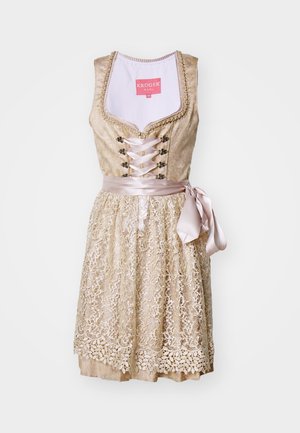 Abito con pizzo dorato chiaro, dotato di un corsetto aderente, fiocco di raso in vita e dettagli floreali lungo la gonna.