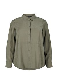 Olive green button-up shirt with a collared neckline, long sleeves, and a relaxed fit. Features subtle vertical seam detailing. Smooth texture.