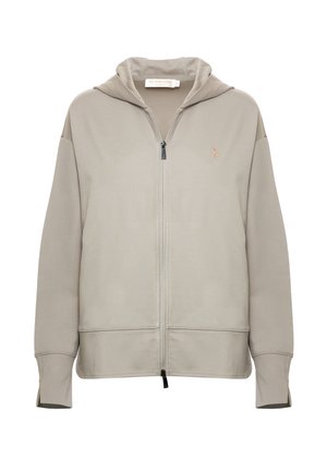 Felpa con zip beige realizzata in tessuto morbido. Presenta un cappuccio, polsini a costine e un piccolo logo sul petto. Design pulito e minimalista.