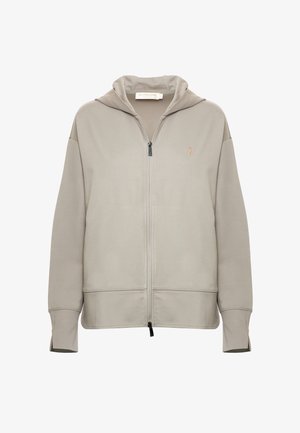 Felpa con zip beige realizzata in tessuto morbido. Presenta un cappuccio, polsini a costine e un piccolo logo sul petto. Design pulito e minimalista.