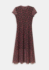 Robe midi noire à manches courtes avec motif floral rouge, taille cintrée et jupe légèrement évasée.