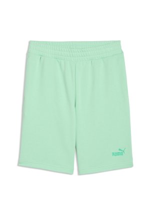 Shorts à taille élastique vert clair avec poches latérales et logo Puma sur la jambe inférieure gauche.