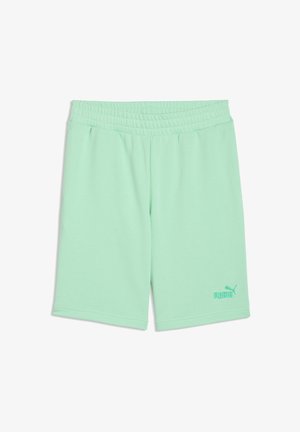 Shorts à taille élastique vert clair avec poches latérales et logo Puma sur la jambe inférieure gauche.