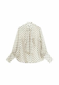 Blusa a pois in tessuto crema chiaro, con un frontale arricciato, maniche lunghe e bottoni sul davanti. Tessuto morbido e trasparente.