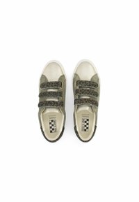 Olive green sneakers with a metallic gold toe, three leopard print Velcro straps, and a white rubber sole. Textured suede accents included.